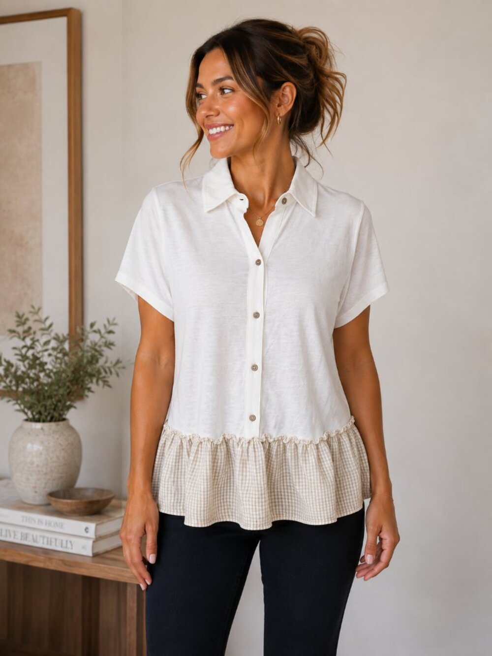 NWT Cupio Blush XL Cream Button Down Ruffle Peplum Hem Top Preppy Blouse